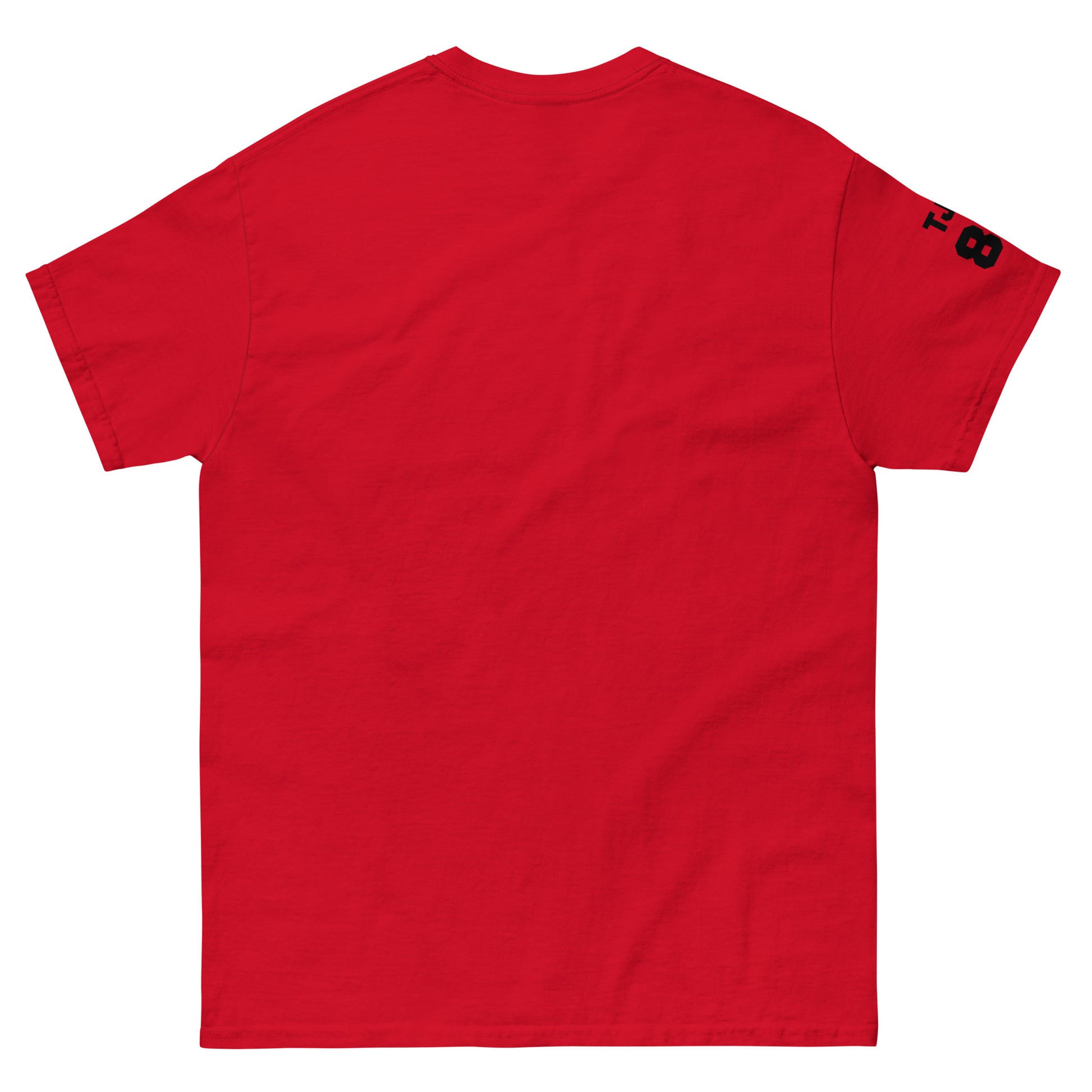 Red t-shirt with a logo on the sleeve against a white background