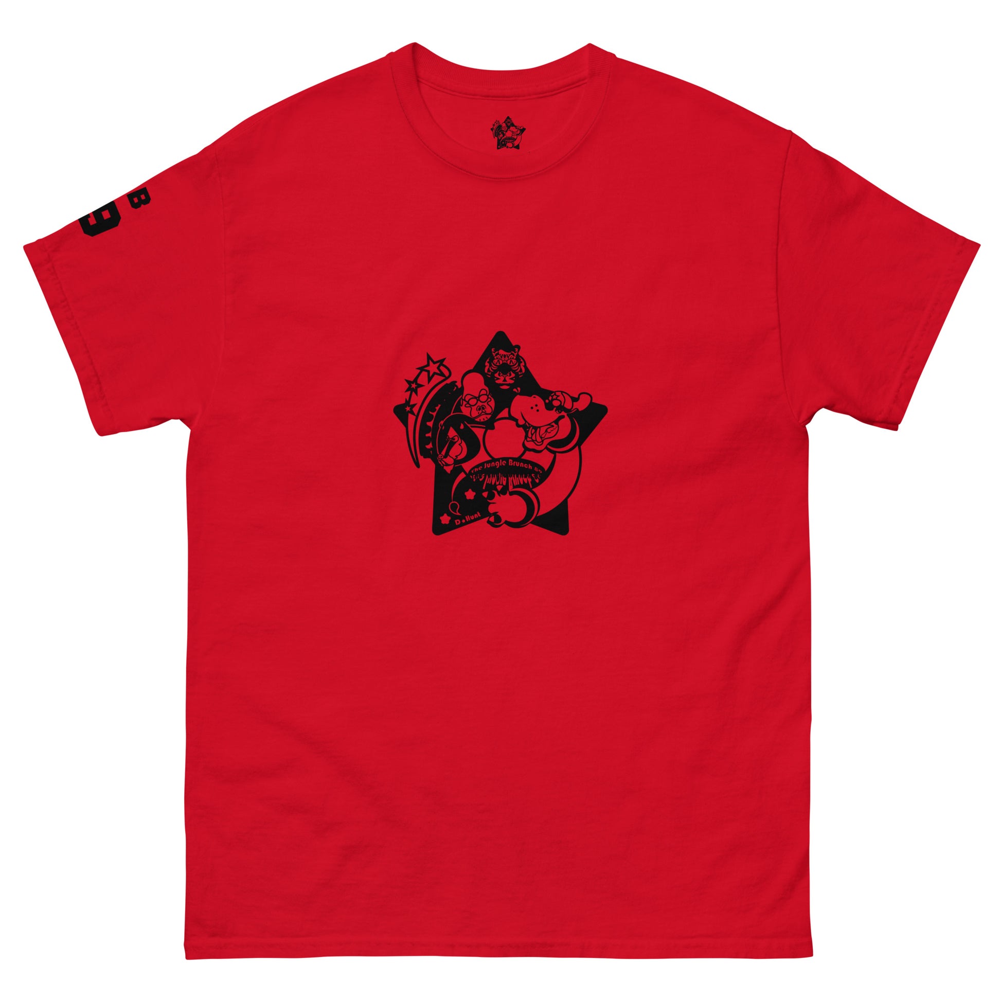 Red t-shirt with black graphic design on a white background