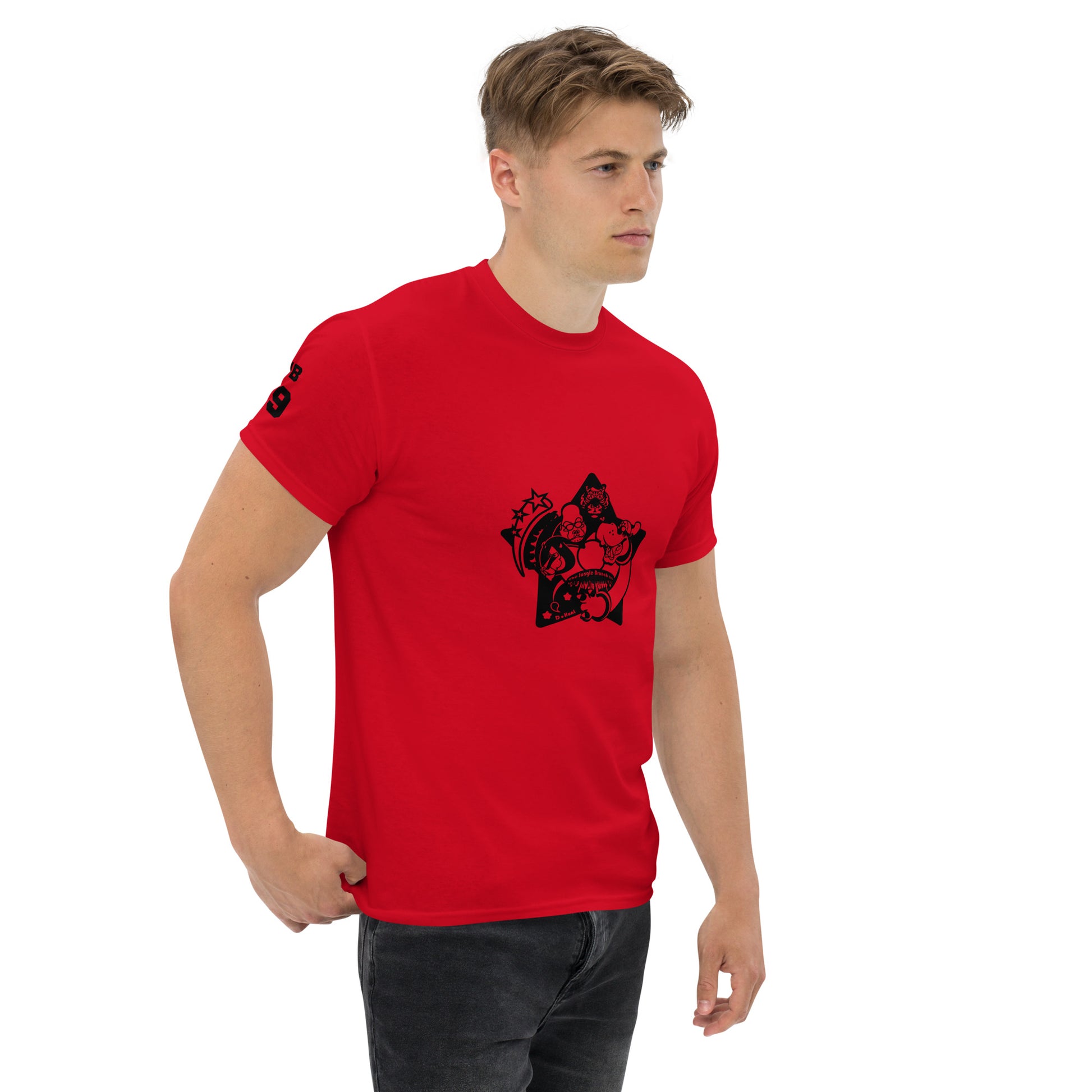 Man wearing a red t-shirt with a black graphic design on a white background
