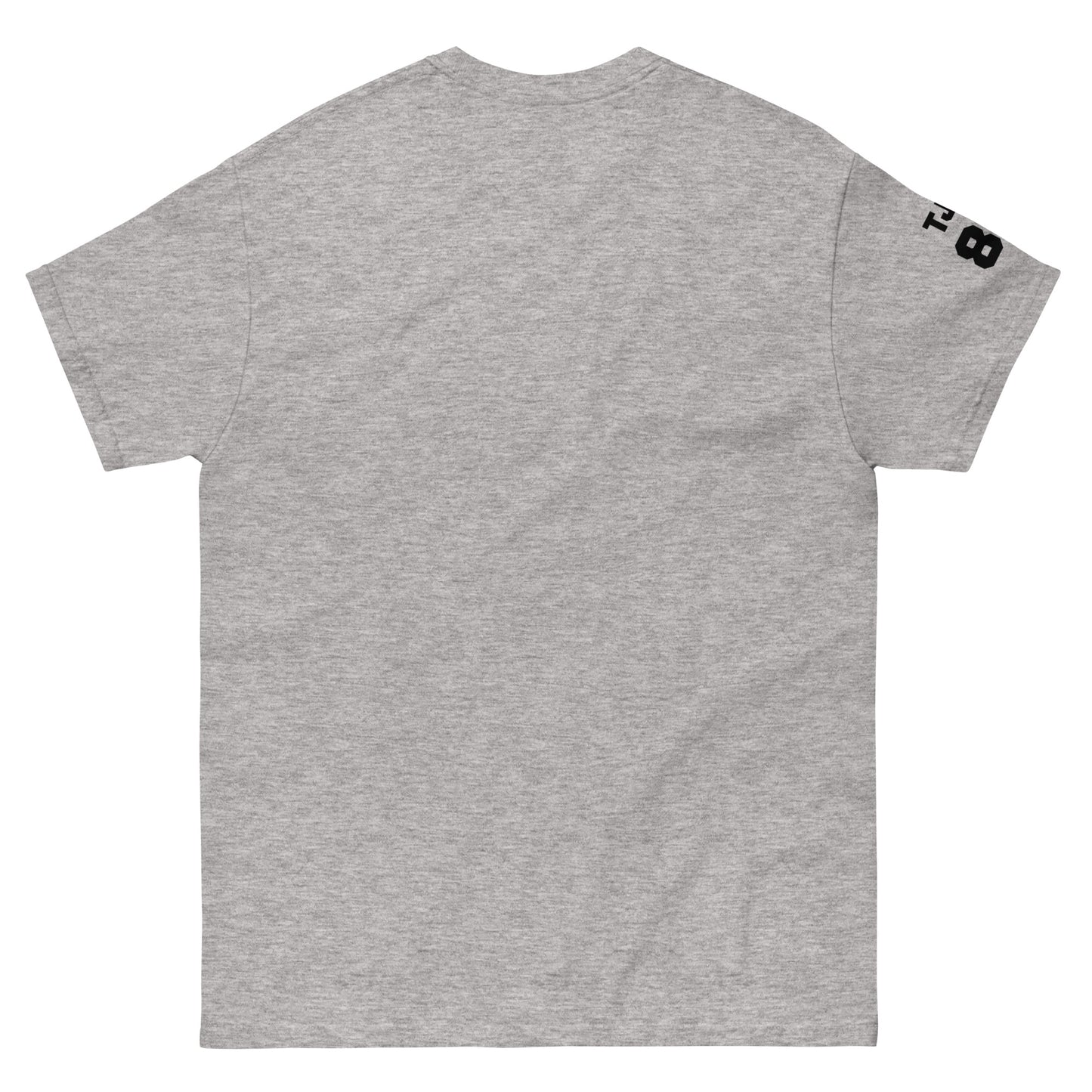 Gray t-shirt with a logo on the sleeve against a white background