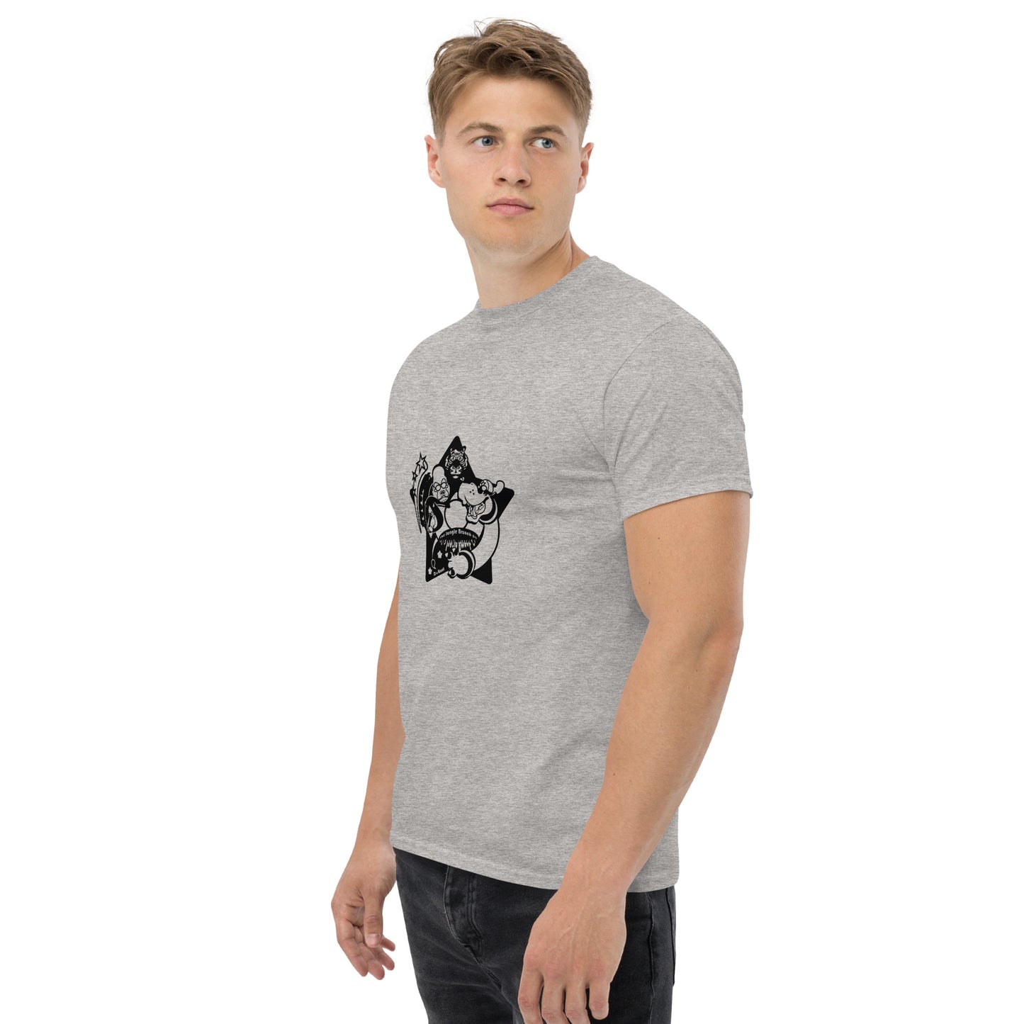 Man wearing a gray t-shirt with a black graphic design on a white background