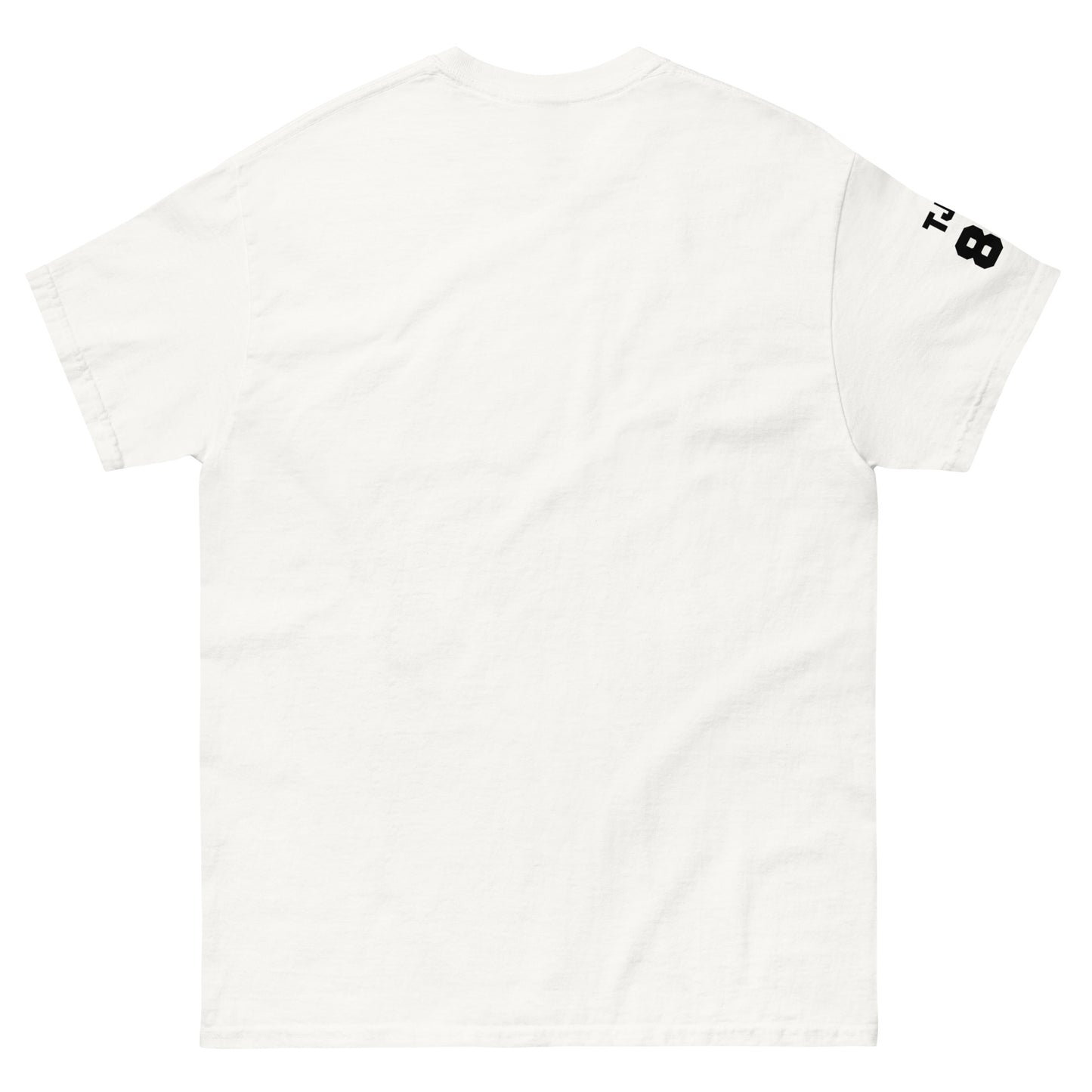 White t-shirt with a black logo on the sleeve against a white background