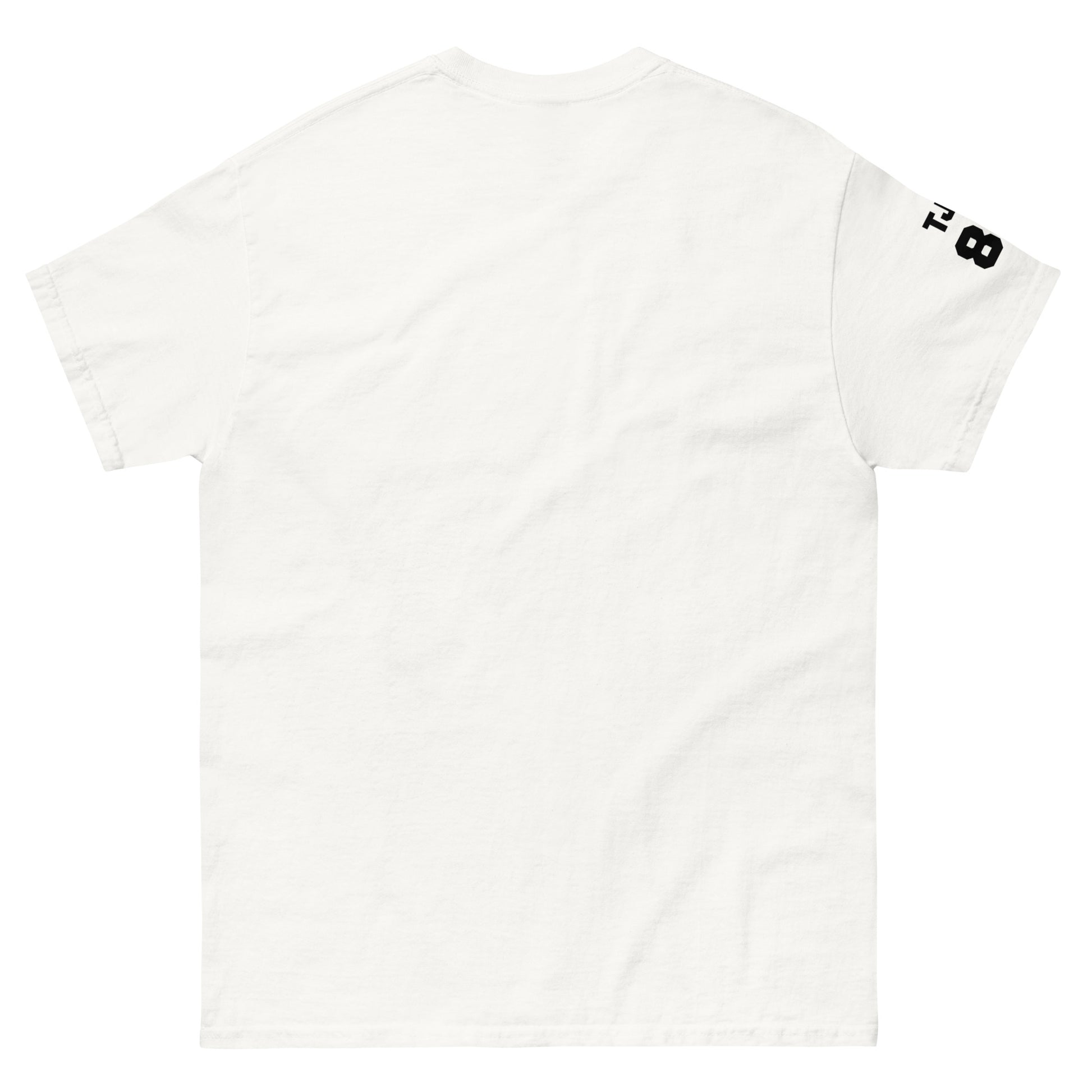 White t-shirt with a black logo on the sleeve against a white background