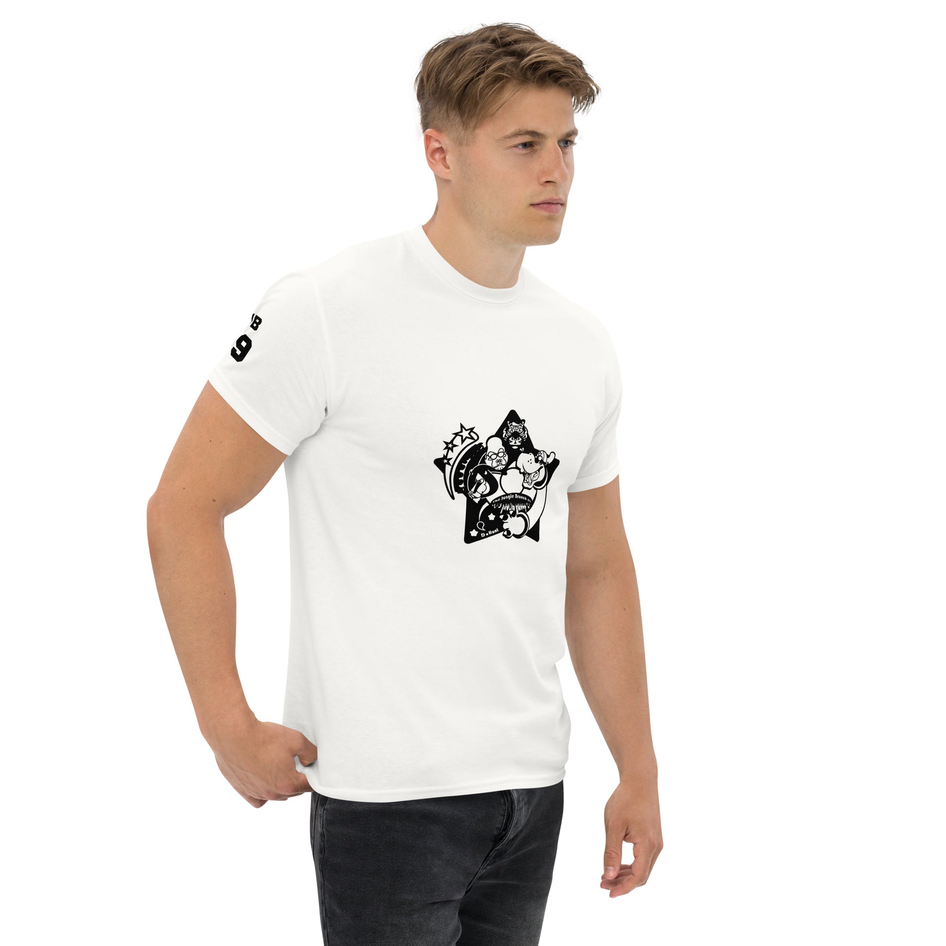 Man wearing a white t-shirt with a black graphic design on a white background